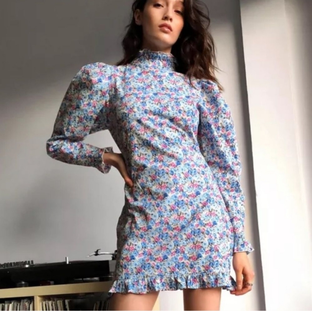 Nasty Gal Floral Blue Long Sleeve Mock Neck Dress Size 2‎